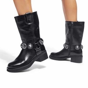 Kurt Geiger Women's Octavia Mid Calf Crystal Black Leather Moto Boots